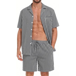 image:imageSWOMOG Mens 100 Cotton Pajama Set 2Pcs Button Down Pjs Set Short Sleeve Sleepwear with Pocket Soft Summer Stripe NightwearBlack Stripes