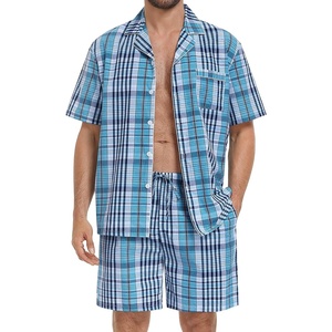 image:imageSWOMOG Mens 100 Cotton Pajama Set 2Pcs Button Down Pjs Set Short Sleeve Sleepwear with Pocket Soft Summer Stripe NightwearBlue Grey Plaid