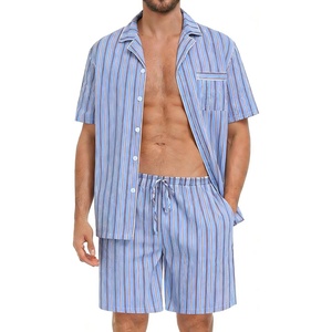 image:imageSWOMOG Mens 100 Cotton Pajama Set 2Pcs Button Down Pjs Set Short Sleeve Sleepwear with Pocket Soft Summer Stripe NightwearBlue Stripes