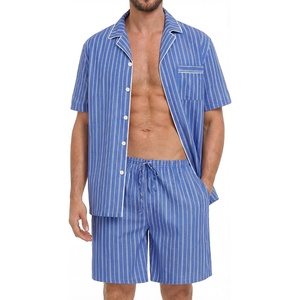 image:imageSWOMOG Mens 100 Cotton Pajama Set 2Pcs Button Down Pjs Set Short Sleeve Sleepwear with Pocket Soft Summer Stripe NightwearBlue White Stripes