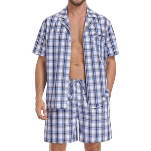 image:imageSWOMOG Mens 100 Cotton Pajama Set 2Pcs Button Down Pjs Set Short Sleeve Sleepwear with Pocket Soft Summer Stripe NightwearBrown White Plaid