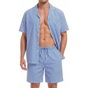 image:imageSWOMOG Mens 100 Cotton Pajama Set 2Pcs Button Down Pjs Set Short Sleeve Sleepwear with Pocket Soft Summer Stripe NightwearClassic Stripes