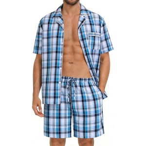 image:imageSWOMOG Mens 100 Cotton Pajama Set 2Pcs Button Down Pjs Set Short Sleeve Sleepwear with Pocket Soft Summer Stripe NightwearGrey Royal Blue Plaid