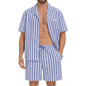 image:imageSWOMOG Mens 100 Cotton Pajama Set 2Pcs Button Down Pjs Set Short Sleeve Sleepwear with Pocket Soft Summer Stripe NightwearNavy White Stripes