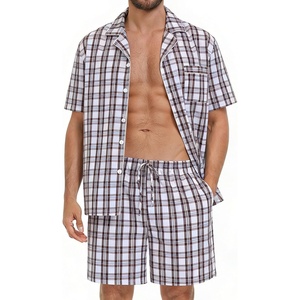 image:imageSWOMOG Mens 100 Cotton Pajama Set 2Pcs Button Down Pjs Set Short Sleeve Sleepwear with Pocket Soft Summer Stripe NightwearWhite Brown Plaid