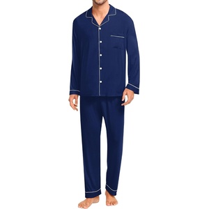 image:imageSWOMOG Mens Christmas Pjs Set with Pockets Long Sleeve Modal Sleepwear Button Down Pajamas Soft Loungewear 2 Pcs Comfy Pj Set Navy Blue