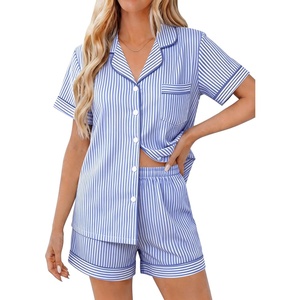 image:imageSWOMOG Women 2 Piece Pajamas Sets Short Sleeve Pj Sets Cute Printed Sleepwear Button Down Shirt with Lounge Shorts SetLight Blue Striped