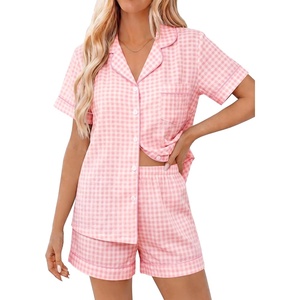 image:imageSWOMOG Women 2 Piece Pajamas Sets Short Sleeve Pj Sets Cute Printed Sleepwear Button Down Shirt with Lounge Shorts SetLight Pink Plaid