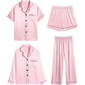 image:imageSWOMOG Women 4Pcs Silk Pajamas Set Button Down Sleepwear Loungewear Pj Sets for Ladies NightwearZ Double Piping  Pink