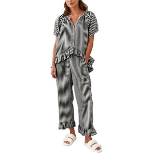 image:imageSWOMOG Women Plaid Pajama Set 100 Cotton 2 Piece Pjs Set Short Sleeve Gingham Shirts with Shorts Button Down Cute LoungewearBlack Stripe