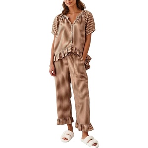 image:imageSWOMOG Women Plaid Pajama Set 100 Cotton 2 Piece Pjs Set Short Sleeve Gingham Shirts with Shorts Button Down Cute LoungewearBrown Stripe