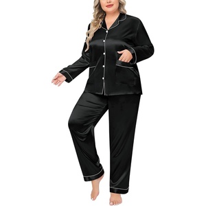image:imageSWOMOG Women Plus Size Long Sleeve Pajamas Silk Satin Pajama Sets Button Down Sleepwear Pjs Loungewear with PocketsBlack