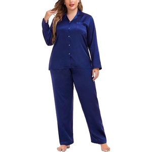 image:imageSWOMOG Women Plus Size Long Sleeve Pajamas Silk Satin Pajama Sets Button Down Sleepwear Pjs Loungewear with PocketsMidnight Blue