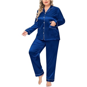 image:imageSWOMOG Women Plus Size Long Sleeve Pajamas Silk Satin Pajama Sets Button Down Sleepwear Pjs Loungewear with PocketsNavy Blue