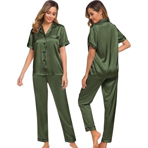 image:imageSWOMOG Women Satin Pajamas Set Short Sleeve Top amp Pants Sleepwear Silky Button Down Nightwear 2pcs Loungewear Pjs SetOlive Green