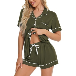 image:imageSWOMOG Womens Button Down Pajamas Set Short Sleeve Sleepwear Bride Soft Pj Lounge Sets XS3XLArmy Green Piping Trim