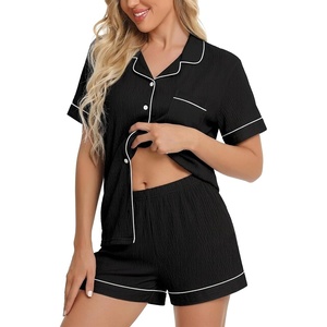 image:imageSWOMOG Womens Button Down Pajamas Set Short Sleeve Sleepwear Bride Soft Pj Lounge Sets XS3XLBlack1