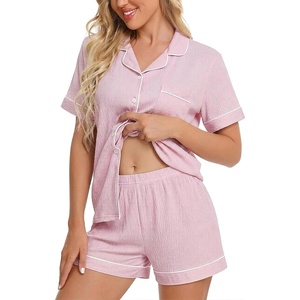 image:imageSWOMOG Womens Button Down Pajamas Set Short Sleeve Sleepwear Bride Soft Pj Lounge Sets XS3XLLight Pink1