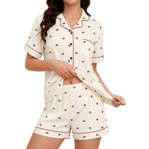 image:imageSWOMOG Womens Pajama Sets Cute Ruffle Matching PJs Sleepwear Button Down Short Sleeve Loungewear 2 Piece PJ SetBeige Cherry1
