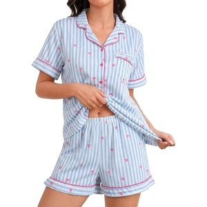 image:imageSWOMOG Womens Pajama Sets Cute Ruffle Matching PJs Sleepwear Button Down Short Sleeve Loungewear 2 Piece PJ SetBluewhite1