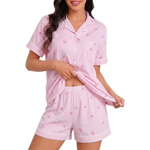 image:imageSWOMOG Womens Pajama Sets Cute Ruffle Matching PJs Sleepwear Button Down Short Sleeve Loungewear 2 Piece PJ SetPinkwhite1