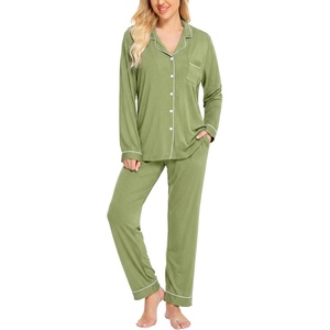 image:imageSWOMOG Womens Pajamas Set Long Sleeve Sleepwear Button Down Nightwear Soft Cotton Pj Lounge SetsGrass Green