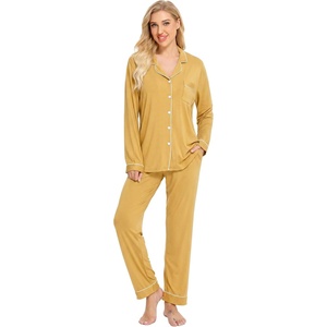 image:imageSWOMOG Womens Pajamas Set Long Sleeve Sleepwear Button Down Nightwear Soft Cotton Pj Lounge SetsPale Yellow