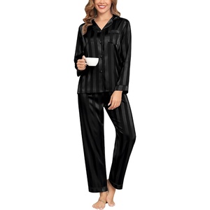 image:imageSWOMOG Womens Silk Satin Pajamas Set Long Sleeve Button Down Sleepwear 2 Piece Lounge Set Pj Set XS3XLBlack Wide Stripes
