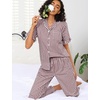 image:imageSWOMOG 100 Cotton Women Pajamas Set 2 Piece Short Sleeve Sleepwear Button Down Lounge Set Soft Ruffle Pjs with PocketBrownwhite Plaid