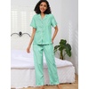 image:imageSWOMOG 100 Cotton Women Pajamas Set 2 Piece Short Sleeve Sleepwear Button Down Lounge Set Soft Ruffle Pjs with PocketGreenwhite Stripes