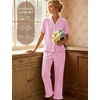 image:imageSWOMOG 100 Cotton Women Pajamas Set 2 Piece Short Sleeve Sleepwear Button Down Lounge Set Soft Ruffle Pjs with PocketPinkwhite Plaid