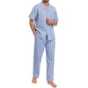 image:imageSWOMOG Mens 100 Cotton Pajama Set 2Pcs Button Down Pjs Set Short Sleeve Sleepwear with Long Pants Soft Stripe NightwearBlue Stripes