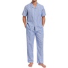 image:imageSWOMOG Mens 100 Cotton Pajama Set 2Pcs Button Down Pjs Set Short Sleeve Sleepwear with Long Pants Soft Stripe NightwearBlue Stripes