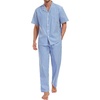 image:imageSWOMOG Mens 100 Cotton Pajama Set 2Pcs Button Down Pjs Set Short Sleeve Sleepwear with Long Pants Soft Stripe NightwearBlue White Stripes