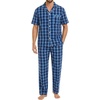 image:imageSWOMOG Mens 100 Cotton Pajama Set 2Pcs Button Down Pjs Set Short Sleeve Sleepwear with Long Pants Soft Stripe NightwearNavy Blue Plaid