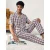 image:imageSWOMOG Mens 100 Cotton Pajama Set 2Pcs Button Down Pjs Set Short Sleeve Sleepwear with Long Pants Soft Stripe NightwearWhite Brown Plaid