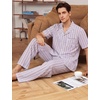 image:imageSWOMOG Mens 100 Cotton Pajama Set 2Pcs Button Down Pjs Set Short Sleeve Sleepwear with Long Pants Soft Stripe NightwearWhite Stripes