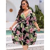 image:imageSWOMOG Women Plus Size Cover Up Short Sleeve Swimsuit Cover Bikini Bathing Suit Beachwear Summer Dress with Tie BackBlack Green Flower