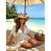 image:imageSWOMOG Women Plus Size Cover Up Short Sleeve Swimsuit Cover Bikini Bathing Suit Beachwear Summer Dress with Tie BackWhite