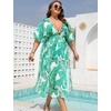 image:imageSWOMOG Women Plus Size Swimsuit Cover Up Bikini Bathing Suit Sexy Deep V Neck Swim Beach Dresses Summer BeachwearLonggreen Leaf