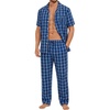 image:imageSWOMOG Mens 100 Cotton Pajama Set 2Pcs Button Down Pjs Set Short Sleeve Sleepwear with Long Pants Soft Stripe NightwearNavy Blue Plaid