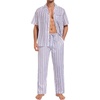 image:imageSWOMOG Mens 100 Cotton Pajama Set 2Pcs Button Down Pjs Set Short Sleeve Sleepwear with Long Pants Soft Stripe NightwearWhite Stripes