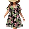 image:imageSWOMOG Women Plus Size Cover Up Short Sleeve Swimsuit Cover Bikini Bathing Suit Beachwear Summer Dress with Tie BackBlack Green Flower