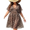image:imageSWOMOG Women Plus Size Cover Up Short Sleeve Swimsuit Cover Bikini Bathing Suit Beachwear Summer Dress with Tie BackBlack Leopard