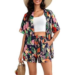 image:imageSWOMOG Hawaiian Tropical Print Womens 2 Piece Swimsuit Cover Up Set  Loose Short Sleeve Top amp Shorts for Summer Beach SXXLNavy Tropic Flower