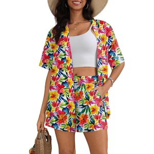 image:imageSWOMOG Hawaiian Tropical Print Womens 2 Piece Swimsuit Cover Up Set  Loose Short Sleeve Top amp Shorts for Summer Beach SXXLWhite Red Floral