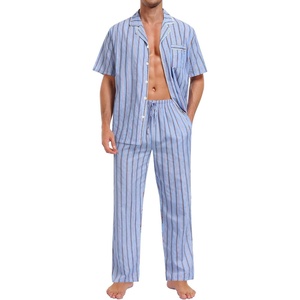 image:imageSWOMOG Mens 100 Cotton Pajama Set 2Pcs Button Down Pjs Set Short Sleeve Sleepwear with Long Pants Soft Stripe NightwearBlue Stripes