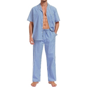 image:imageSWOMOG Mens 100 Cotton Pajama Set 2Pcs Button Down Pjs Set Short Sleeve Sleepwear with Long Pants Soft Stripe NightwearBlue White Stripes