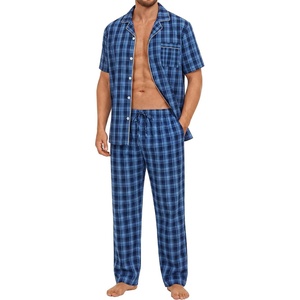 image:imageSWOMOG Mens 100 Cotton Pajama Set 2Pcs Button Down Pjs Set Short Sleeve Sleepwear with Long Pants Soft Stripe NightwearNavy Blue Plaid