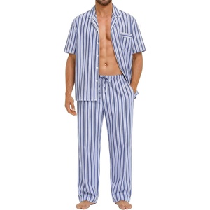 image:imageSWOMOG Mens 100 Cotton Pajama Set 2Pcs Button Down Pjs Set Short Sleeve Sleepwear with Long Pants Soft Stripe NightwearNavy White Stripes